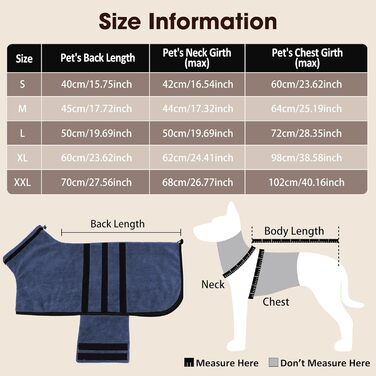 Рушник для собак з мікрофібри, халат для собак середніх та великих порід, швидковисихаючий, халат для собак з клямками (темно-синій XXL 2XL)