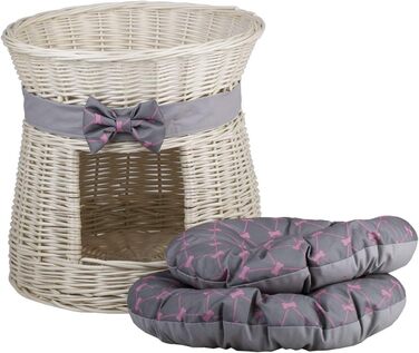Кругла котяча хатинка e-wicker24 з плетіння, двоярусна, з подушкою та бантиком, котячий будиночок (кремово-сірий)