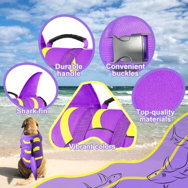 Жилет для плавання для собак Fragralley Shark, Ripstop, для плавання та катання на човнах, жилет для собак з чудовою плавучістю та ручкою для порятунку, підходить для собак маленьких, середніх та великих порід (X-Small, фіолетовий акула)