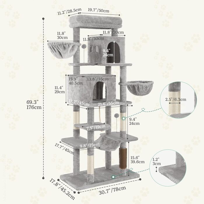 Котячий комплекс YITAHOME для великих котів з дряпалкою, будиночком та платформами, сірий, 157 см