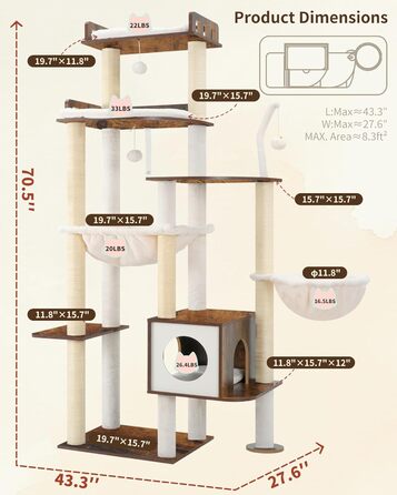 Дерев'яний котячий комплекс Heybly Kratzbaum HCT121WB (Vintage-Braun), 179 см, з будиночком, гамаком та сизалевими стовпчиками
