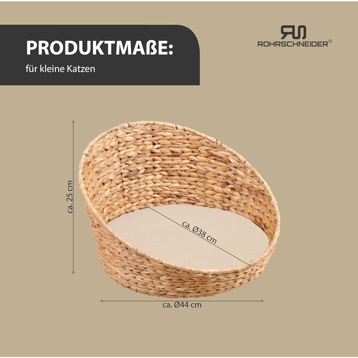 Квіткове ліжко для котів Rohrschneider® з плетеної гіацинту, знімний килимок, миється | Затишне місце для сну кота з високим бортиком