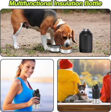 Водяна пляшка для собак на ходу, 950 мл, з мискою для їжі та води, ізольована, нержавіюча сталь, чорна