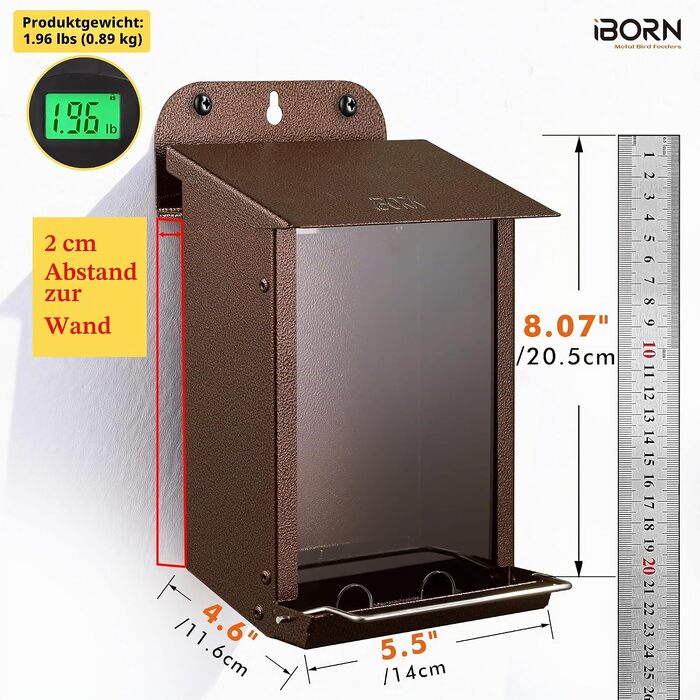 Годівниця для птахів iBorn Wand-Vogelfutterhaus для вулиці з металевим вологостійким дахом, навісна металева годівничка для дерева, паркану або стіни, легка в очищенні, колір кава