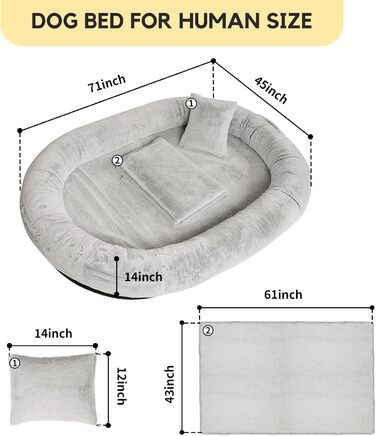 Велике ліжко для собак та людей FURRYFECTION, 180x114x35.6 см, сіре, з підстилкою та подушкою