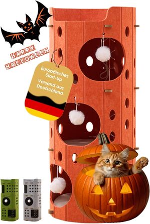 Сучасний котячий комплекс з 4 ярусами та 3 будиночками для котів, фетр, стійка альтернатива котячого будиночка з іграшкою, тихий та компактний (90 см) (Оранжевий, 35 x 35 x 90 см)