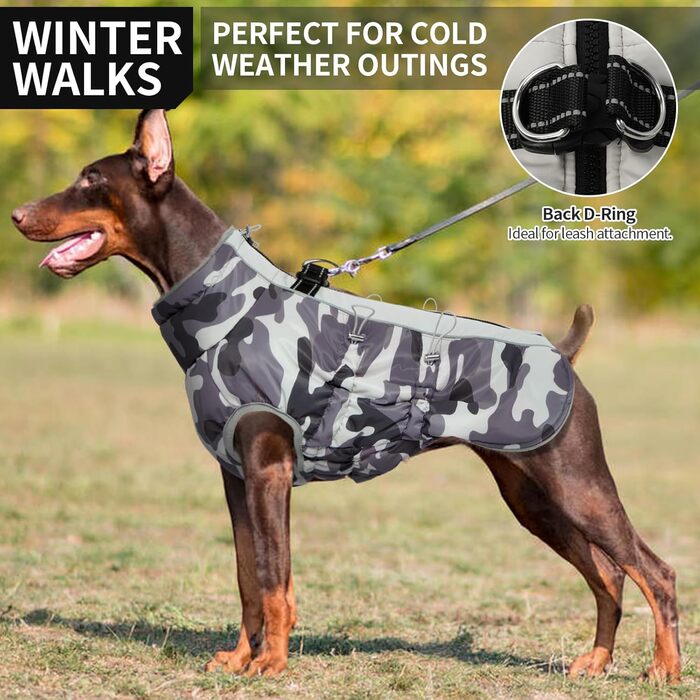 Водонепроникний теплий зимовий одяг для собак - куртка з отвором для шлейки, з відбиваючими смугами, для малих, середніх та великих собак, колір: сірий камуфляж, розмір: S