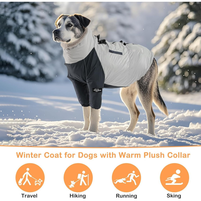 Тепла зимова куртка для собак великих порід XXL, водонепроникна, з капюшоном, кишені, блискавка, шнурок, D-Ring, кашмір