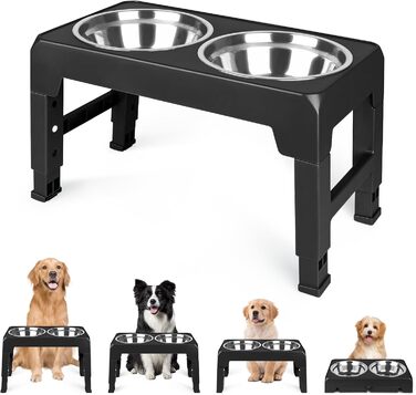 Підвищена годівниця для собак та котів з нержавіючої сталі, 2x1.8L, регульована висота, антиковзаюча, 44x24x8 см, чорна