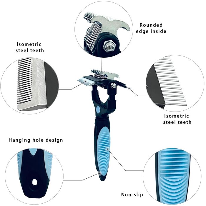 Бурштук для догляду за шерстю собак та котів 3-в-1 - двосторонній інструмент для видалення шерсті з нержавіючої сталі, гребінець для розплутування та щітка для підшерстка | Ергономічна ручка для видалення матової шерсті, безпечний для тварин