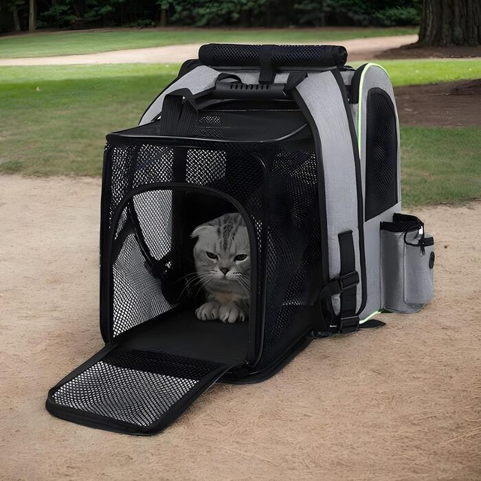 Транспортна сумка для котів, рюкзак для маленьких собак – дихаюча, розкладна сумка-переноска для подорожей, сіра з зеленими вставками
