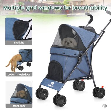 Дитяча коляска 3-в-1 для собак та котів, складна, 6 коліс, дихаюча сітка, (Морський колір)
