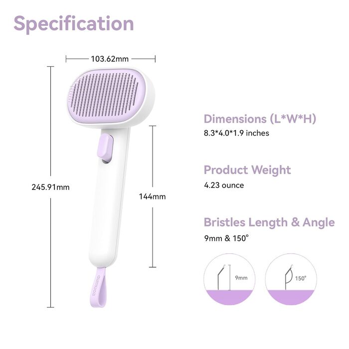Щітка для котів Aumuca з кнопкою витягування, довговічна, для короткої та довгої шерсті, видаляє відмерле волосся та масажує, фіолетова