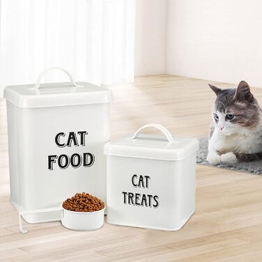 Контейнери для корму Morezi (2 шт.), з вуглецевої сталі, з герметичним кришкою та ложкою, для зберігання корму для собак, котів та інших тварин. Білий колір.