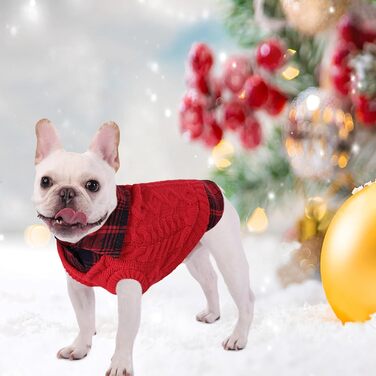 Теплий собачий светр у клітинку з коміром-горловиною та отворами для повідка – зимовий одяг для собак маленьких, середніх та великих порід. Светр для котів на Різдво, червоний, розмір M, червоний