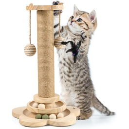 Котячий когтетоп Newofview: когтетоп-стійка 40 см з іграшками, м'ячиком, обертовим диском, пір'ям та мотузкою з сизалю