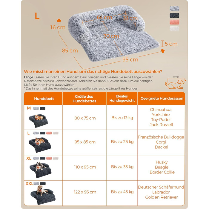 Ліжко для собак Feandrea FluffyHug, м'яка підстилка, захист дивану, подушка, розмір L, для середніх собак, 95 x 85 x 16 см, Ombré Grey PGW222G01