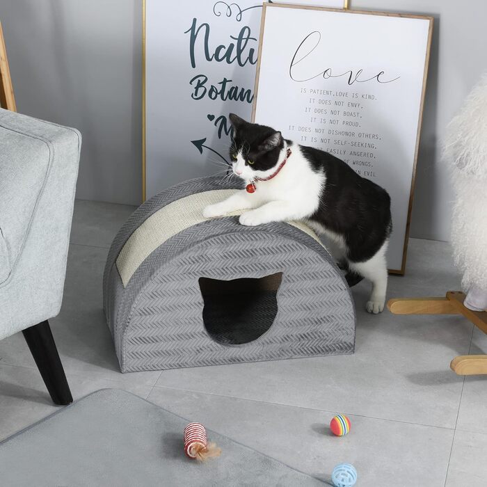 Будиночок для котів PawHut з когтеточкою, сірий, 48,5x30x30 см, з сизалем