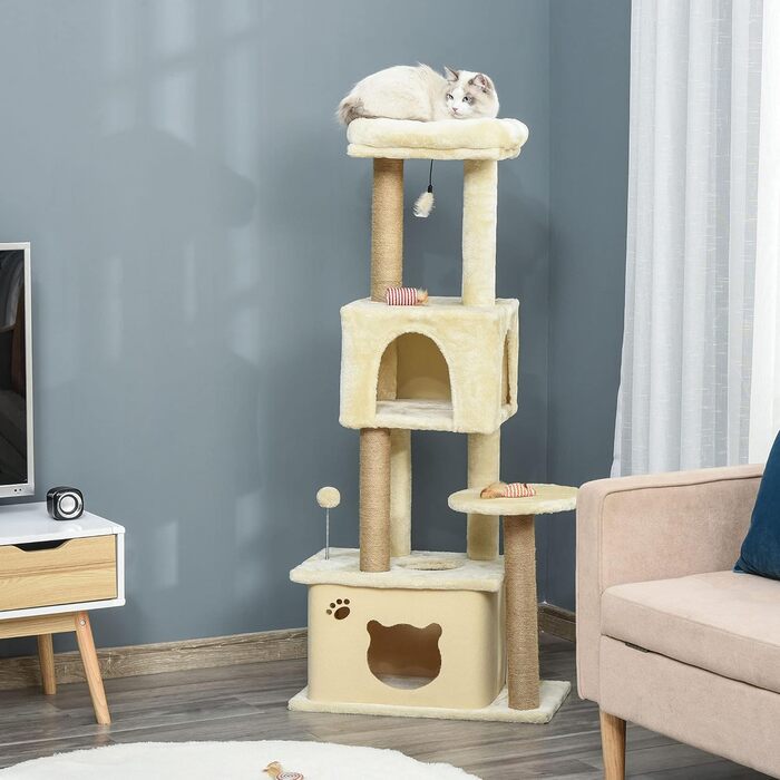 Велика дряпка для котів PawHut 60x34x136 см з платформами, знімними плюшевими будиночками, джутовими стовпчиками та підвісним м’ячиком, бежева
