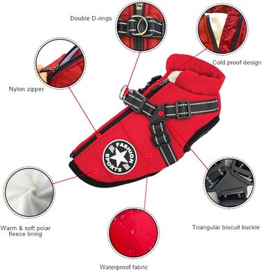 Водонепроникна куртка для собак середнього розміру на зиму. Тепла, з підкладкою, з грудним ременем, світловідбиваюча, без рукавів, з шлейкою, червона M