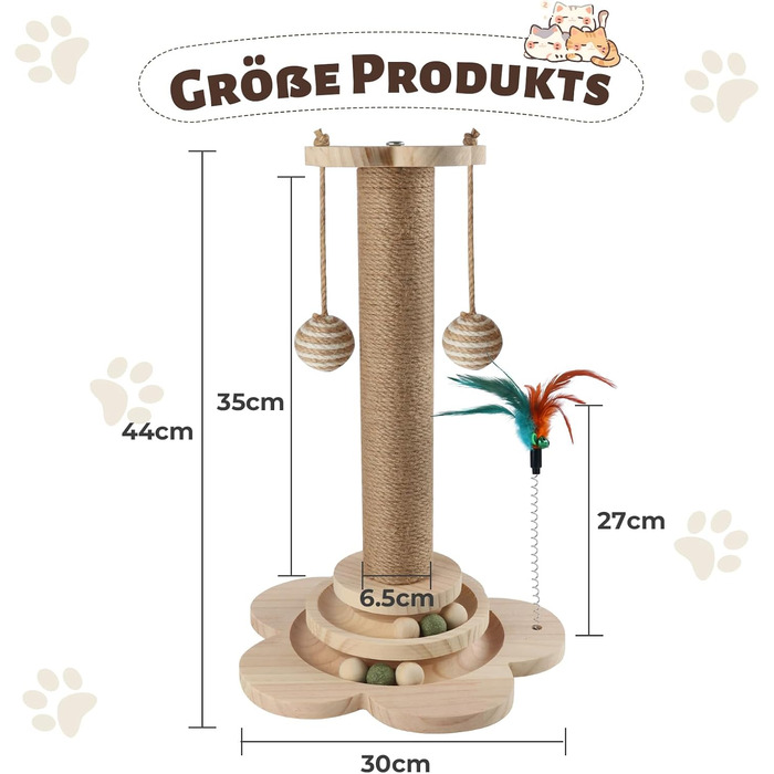 Іграшка для котів 4 в 1: когтеточка, інтерактивна іграшка з кульками, мотузка з сизалю, дерев'яна квітка