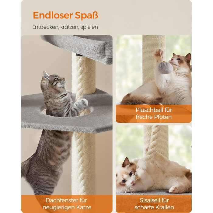 Декілька поверхів, великий котячий будиночок Feandrea, XXL, 55 x 55 x 186,7 см, товсті сизалеві стовпи (11 см), для великих котів (наприклад, мейн-кун), сірий та чорний котячий будиночок, PCT008G02