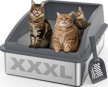 Великий лоток для котів з нержавіючої сталі FURTIME XXXL (71x51x31 см), посилений металевий туалет для великих котів, темно-сірий