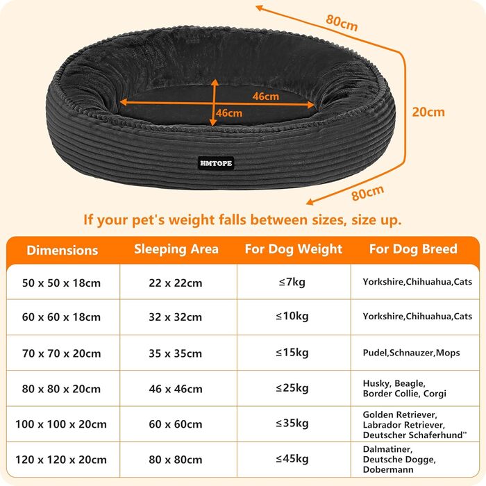 Кругле ліжко для собак середніх порід, котяче ліжко, м'яке, зручне, корзина для собак, донат, ліжко для собак, знімний, антиковзаючий, Ø 80 см, темно-сірий, розмір 80 x 80 x 20 см