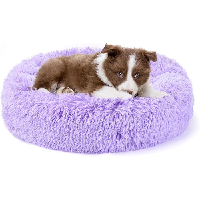 Кругле ліжко-пончик для собак та котів, середнє, з ковдрою, лілакове. Легко миється, м'яке, плюшеве, 61 см (діаметр), ковдра 71x23 см