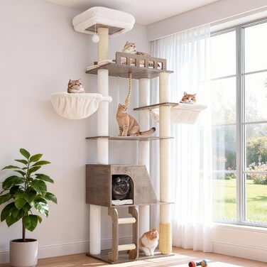 Дерев'яний кігтетопор Hey-brother Holz Kratzbaum 184см для великих котів, багатоярусний, зі стійкою платформою, кошиком, будиночком, щіткою та драбиною (Gris Vintage)