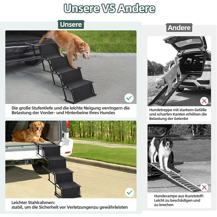 Сходинки для собак: портативна пандус для авто, 4 сходинки, чорний, до 80 кг