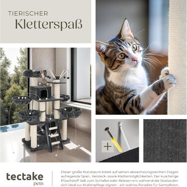 Дерев'яний комплекс для котів Tectake XXL, 195 см, з гамаком, сходами, печерею та когтеточками з сизалю, сірий/білий | 403327