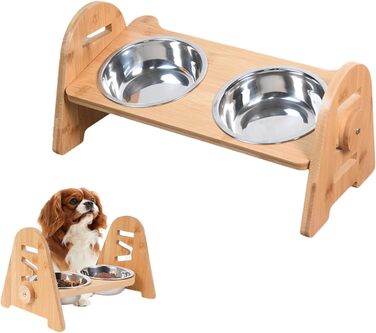 Набір мисок для собак та котів SilverChry: підняті миски з нержавіючої сталі, регульована висота, бамбукова годівниця, 2 шт.