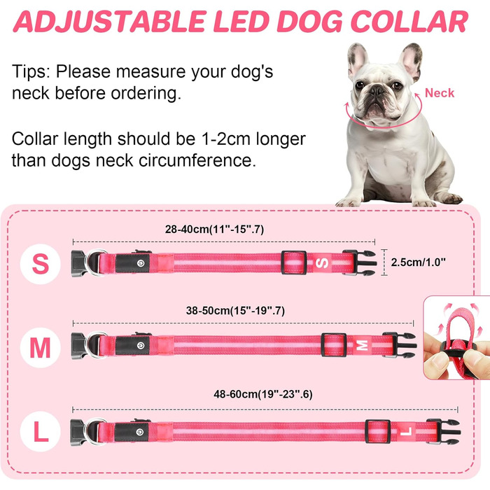 Світлодіодна нашийник для собак Feycig з USB-зарядкою, водонепроникний, регульований, 3 режими, для малих, середніх та великих собак (світлороже, S(28-40см))