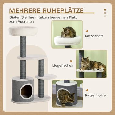 Дряпак для котів PawHut 98 см, котячий будиночок, 3 платформи, сірий+білий
