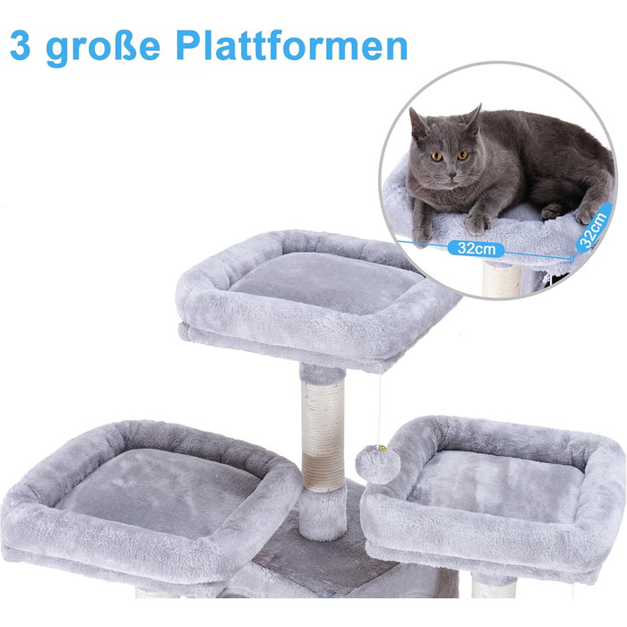 Великий котячий будиночок Hey-brother Kratzbaum XXL, 180 см, сірий. Стабільний котячий комплекс з сизалевим мотузком, великою дряпалкою, корзиною, 3 платформами та 2 будиночками. EMPJ034W