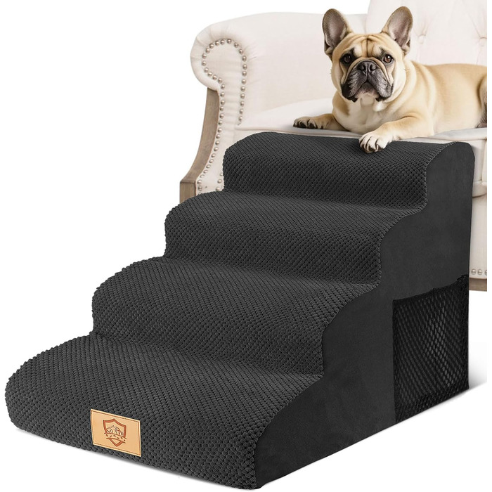 Сходинки для собак, 4 сходинки, знімний поручень, антиковзка поверхня, для ліжка та дивану, з високощільним губчастим наповнювачем (Чорний)