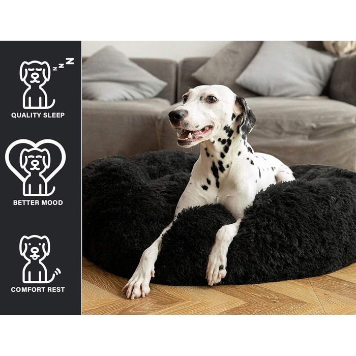 Кругле ортопедичне ліжко для собак великих та екстра-великих порід, м'яке собаче ліжко-подушка у вигляді пончика, плюшеве собаче ліжко-софа, кошик для собак, пухнасте, можна прати - Чорний, 80см, 100x100x20см