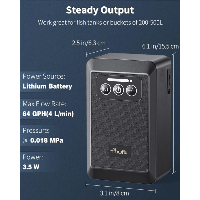 Pawfly акумуляторний аератор для акваріума 20-500 л, USB, тиха портативна повітряна помпа для риб, живої наживки, для риболовлі та аварійного живлення