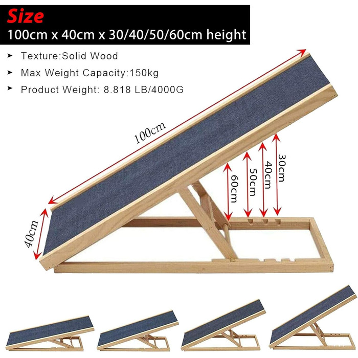 Рампа для собак та котів, складна, регульована висота, 70 x 35 x 30 см (CWPT-100x60cm)