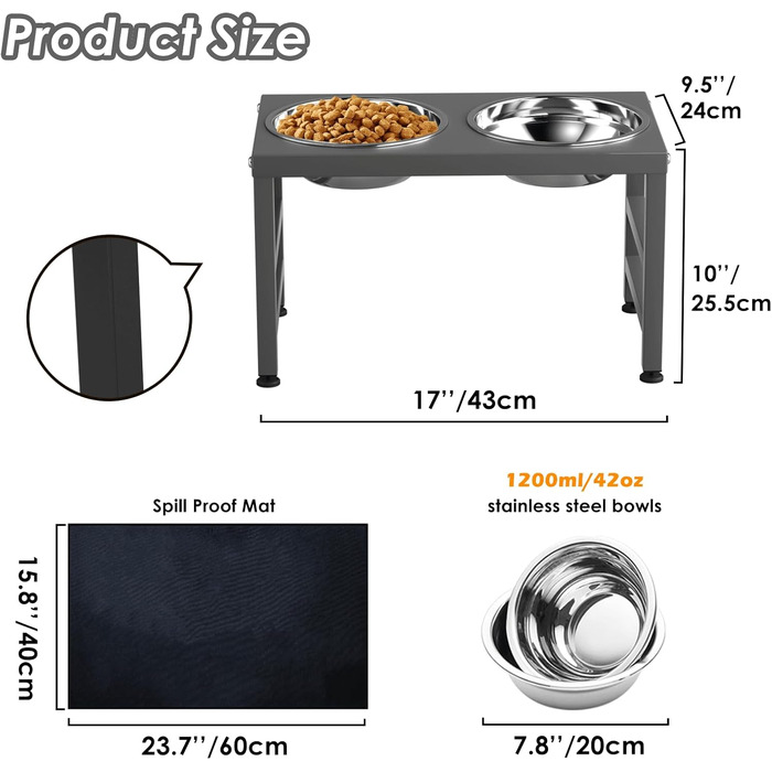 Підвищений годівниця для собак з металу, 25,4 см, з підставкою та 2 мисками з нержавіючої сталі, 40,6 x 61 см, антиковзаюча килимок, сірий колір