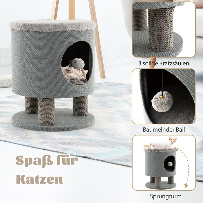 Котячий будиночок SOARS з дряпальною колоною, кігтеточка, кігтешкребок для котів, сізого кольору, 40x40x47 см