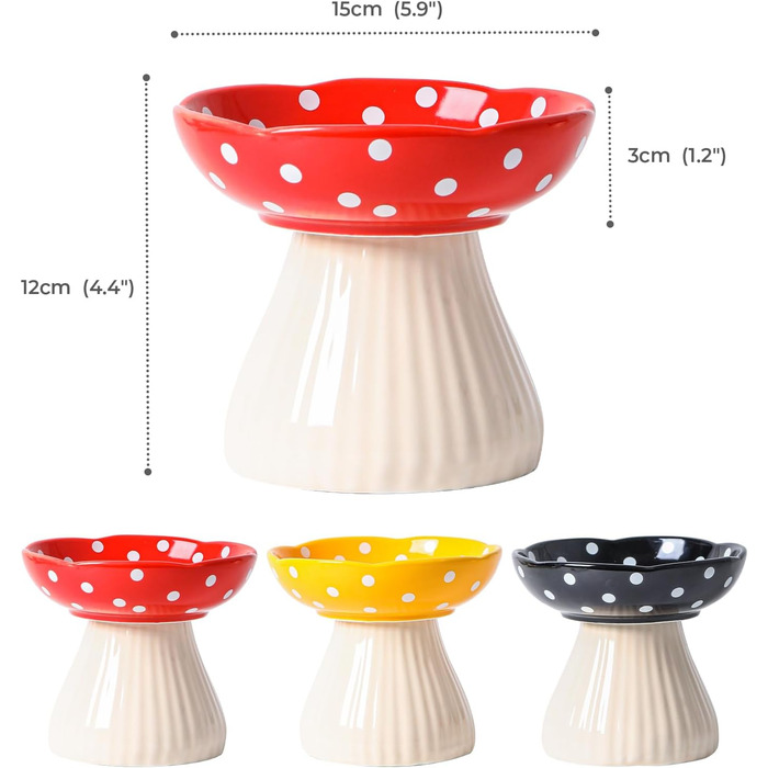 Підвищений годівниця для котів, керамічна миска у формі гриба, широка та плоска миска для котів на підставці, миска для котів, що запобігає блювоті, миска для кошенят та літніх котів (червона)