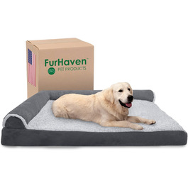 Ліжко для собак Furhaven XXL з ортопедичним матрацом Memory Foam, двоколірний штучний хутро та замша, Г-подібний диван, знімний і праний чохол, сірий, розмір Jumbo Plus (XXL)