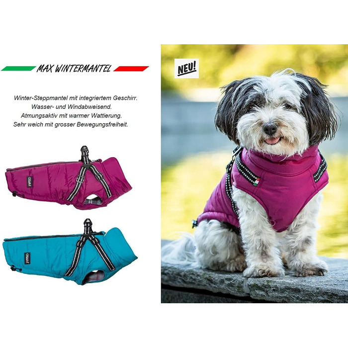 Зимова куртка CHIARA для собак, модель MAX, розмір M, матеріал: 100% поліестер, з флісовою підкладкою, зручна у надяганні, регульована довжина, можна прати в пральній машині, колір: бірюзовий