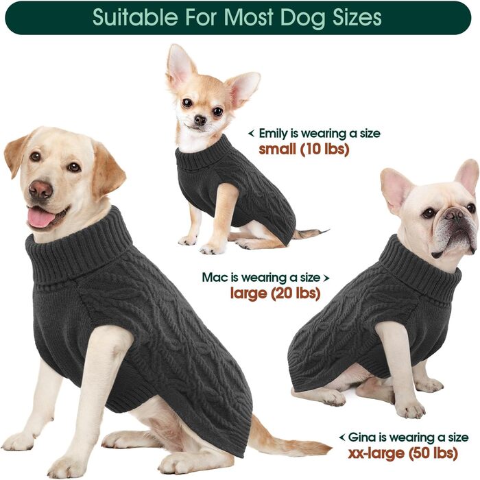 Теплий пуловер для собак Kuoser, пуловер для маленьких, середніх та великих собак, флісовий пуловер для собак, сірий колір, розмір XL (обхват грудей 62 см)