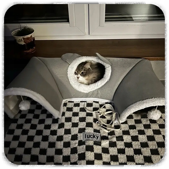 Плюшеве ліжко-шахівниця для котів з тунелем 2в1, сіре, розмір XL 86x70x26 см