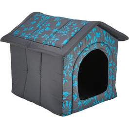 Будиночок для собак і котів HobbyDog XL 60x55x60 см, синій з квітами, знімний дах, для середніх порід, для дому