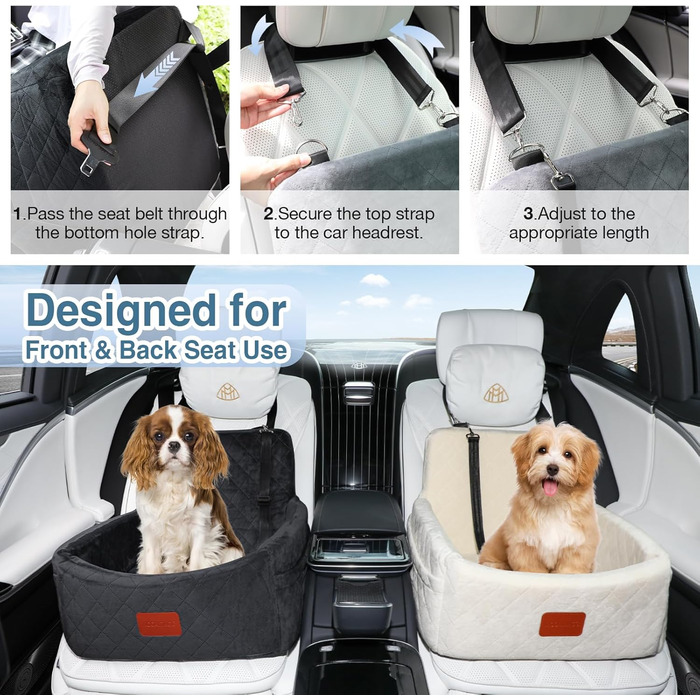 Автокрісло для собак WOOAIDAGG до 11,3 кг, м'яке дорожнє ліжко з memory foam, знімний чохол, кишені, ремінь безпеки, протиковзке, чорне