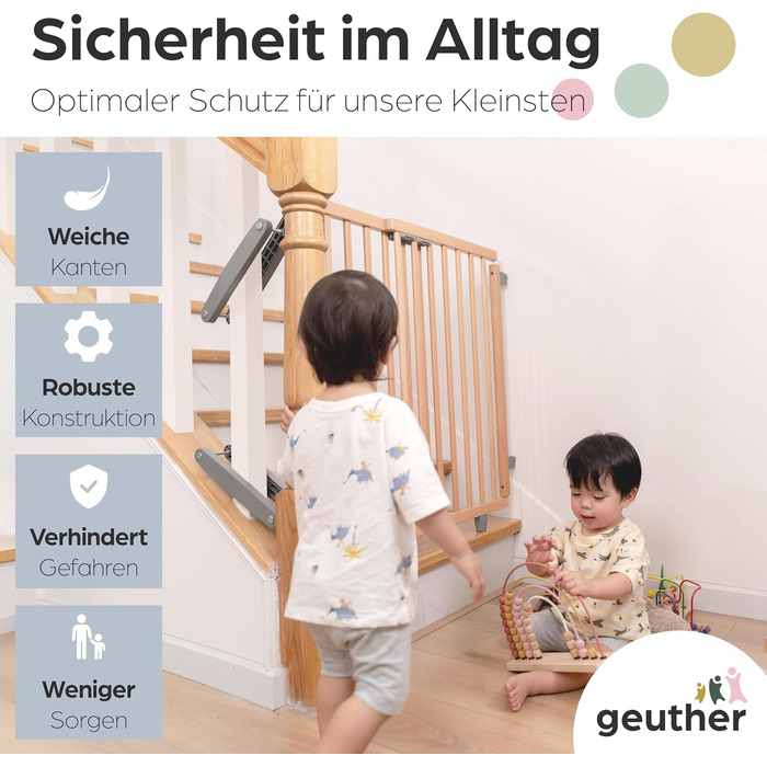 Захист для сходів Geuther Oris | Дверний захист для сходів з кріпленням, 2 клямки для поручнів, ширина регулюється | Стабільне дерев'яне дитяче ворота, натуральний лак (натуральний, 95-135 см)